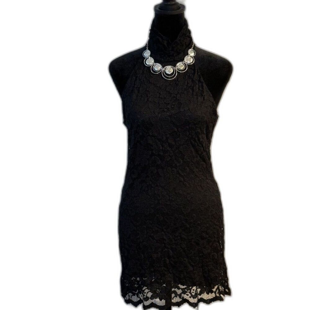 XXI Black Lace Halter Mini Dress — Sheer Overlay, Scalloped Hem